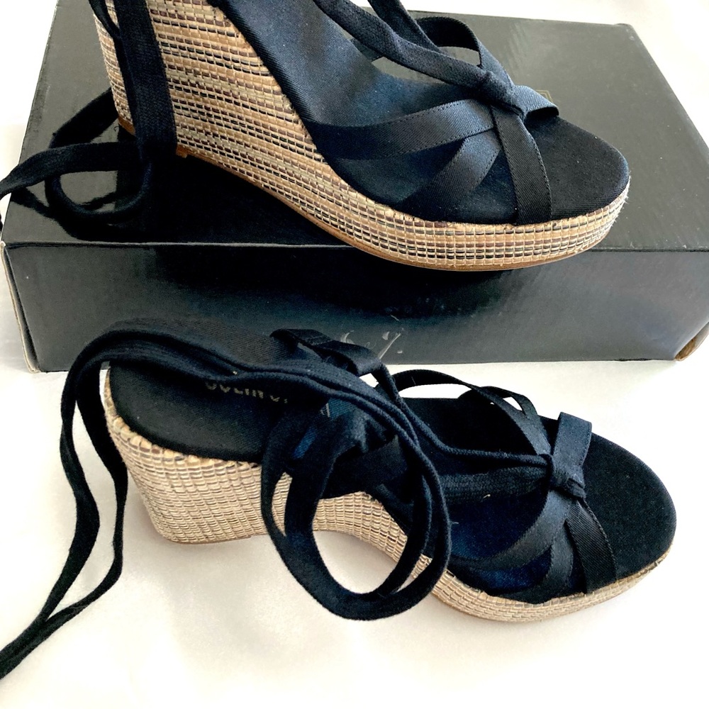 Ankle-wrap black wedges sandals. Victoria's Secret brand.